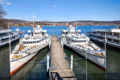 The boat dock with multiple passenger ships near Zurich Wollishofen.